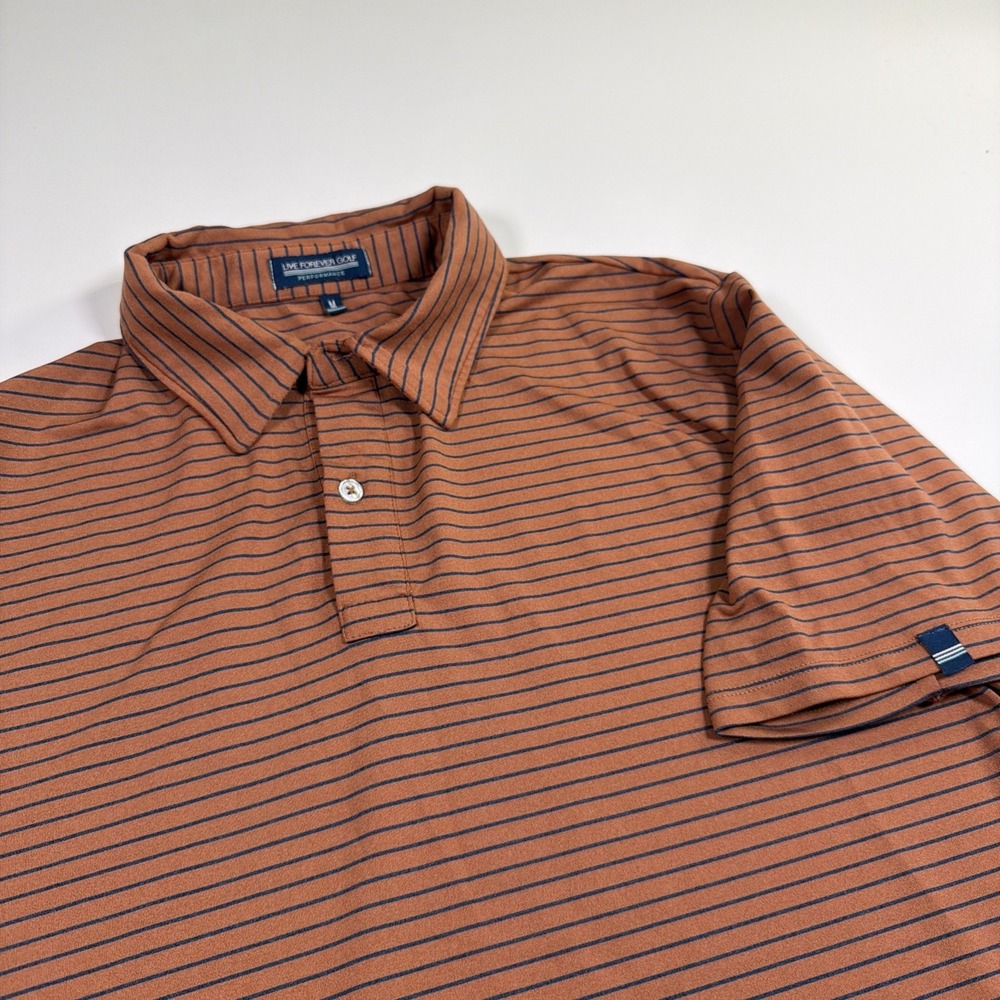 Live Forever Golf Polo Shirt Mens M Orange Blue Stripe Golf Performance Casual